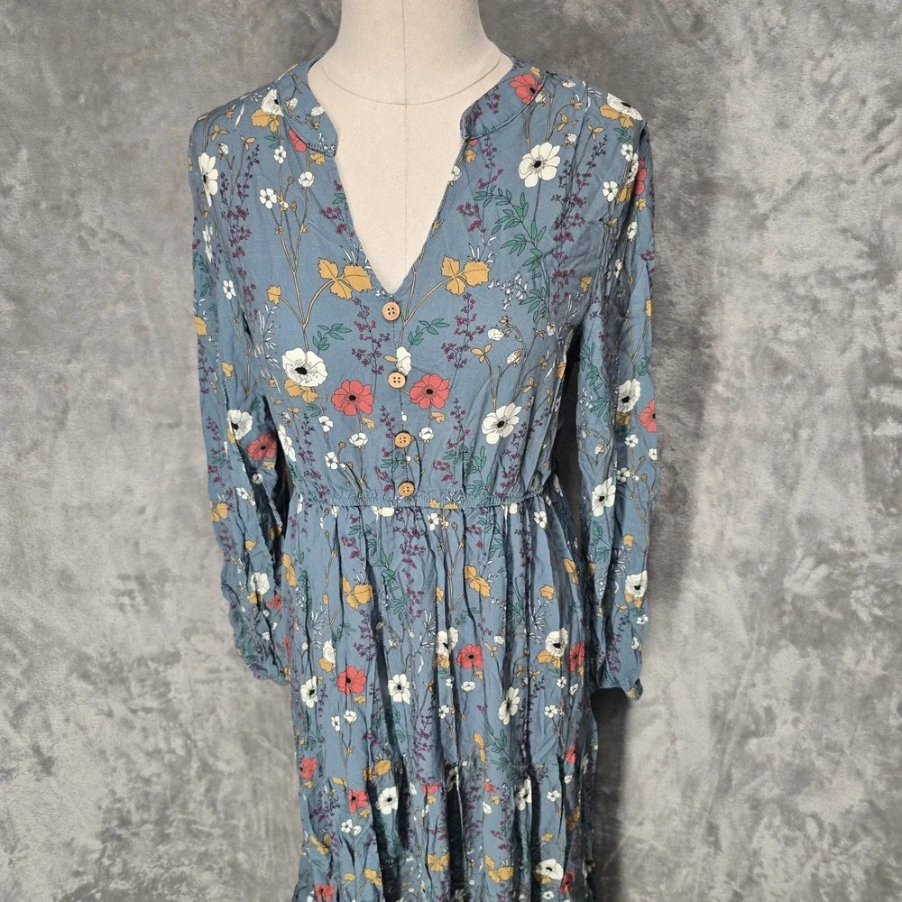 Emery Rose Blue Floral Tiered Maxi Dress Women L V-Neck Boho Cottagecore Peasant